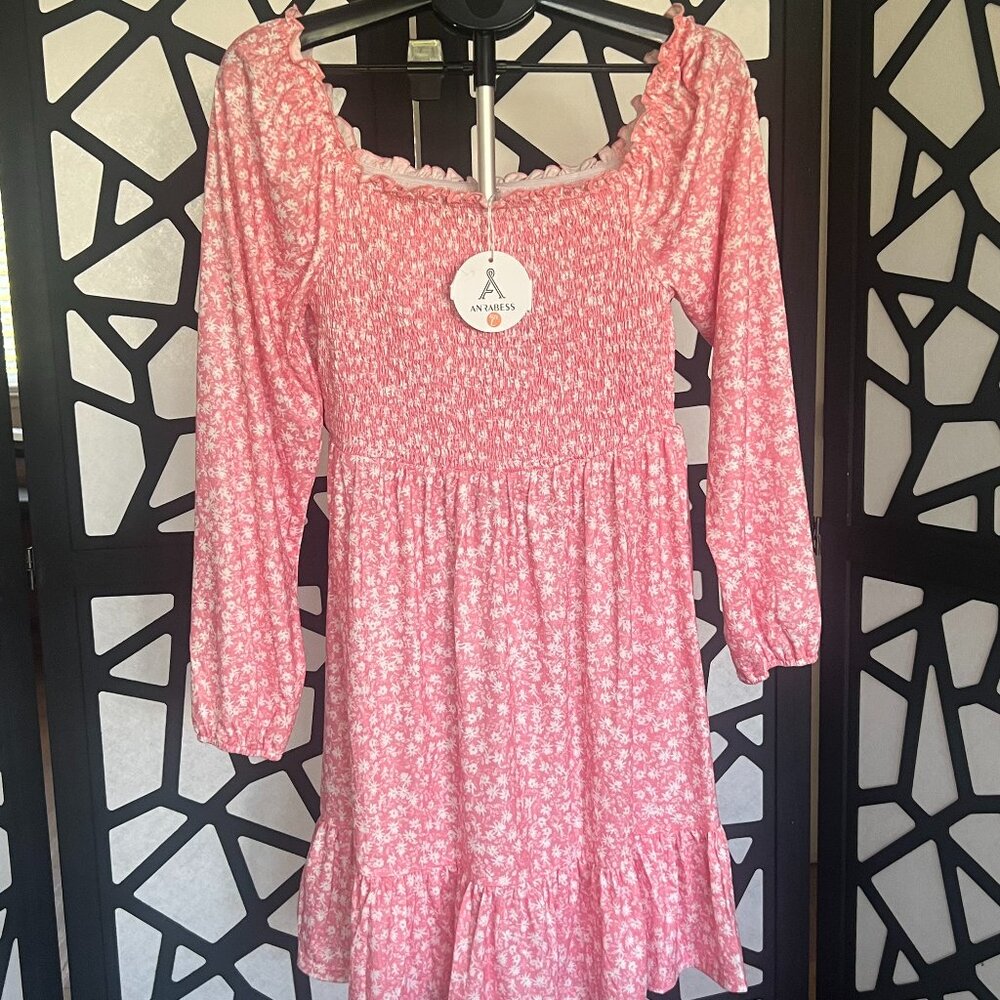 Anrabess pink flower print cotton stretch dress. Size L NWT